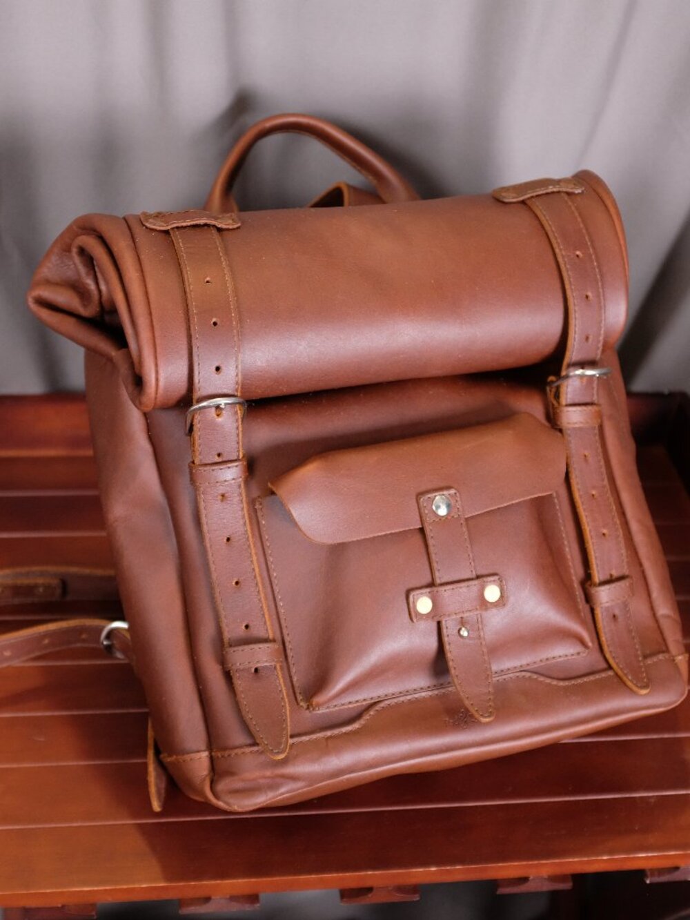 Rolltop Leather Backpack - Pad & Quill Chestnut brown